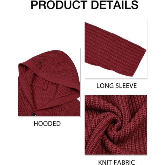 Men's Long Cardigan Sweater Hood Button Closure Long Sleeve Knit Coat - Picture 5 of 6